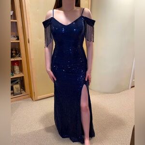 NWOT Navy Blue Sequin Beaded Prom Dress Special Occasion Size 0/2